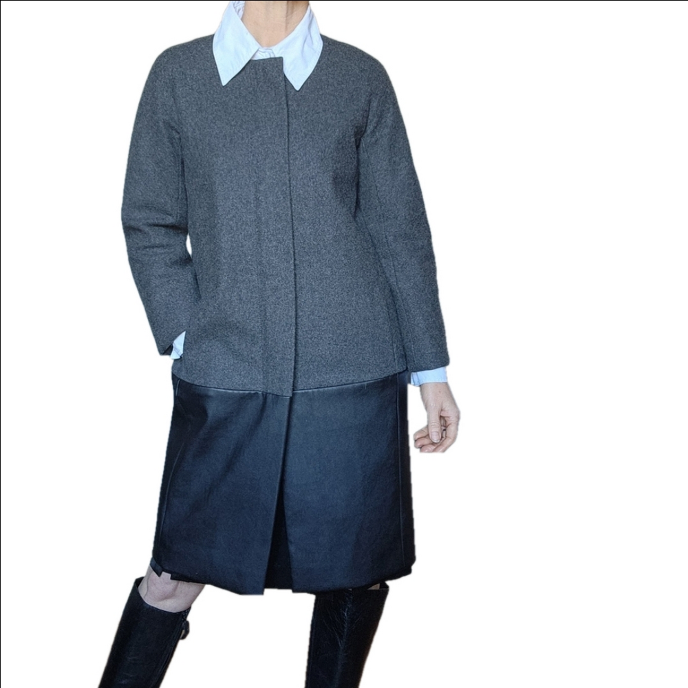 Coat Wool blend Vegan leather Collarless Zipper close Pockets Grey Black…